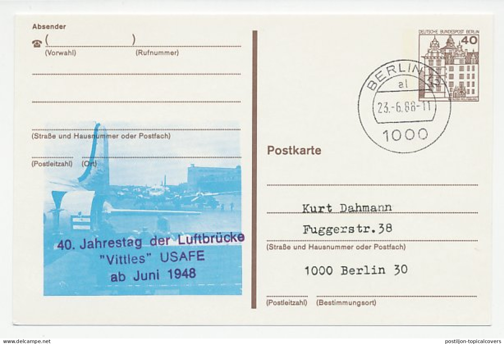 Postal Stationery Germany 1988 Airlift Berlin - Cold War - Sonstige & Ohne Zuordnung