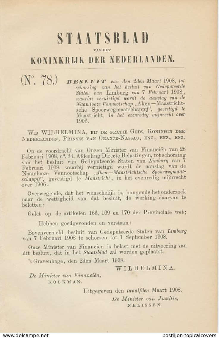 Staatsblad 1908 : Aken - Maastrichtsche Spoorwegmaatschappij - Historical Documents