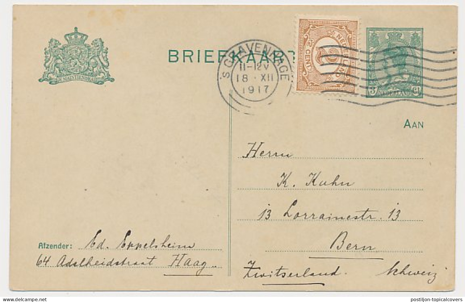 Briefkaart G. 90 A I / Bijfrankering Den Haag - Zwitserland 1917 - Entiers Postaux