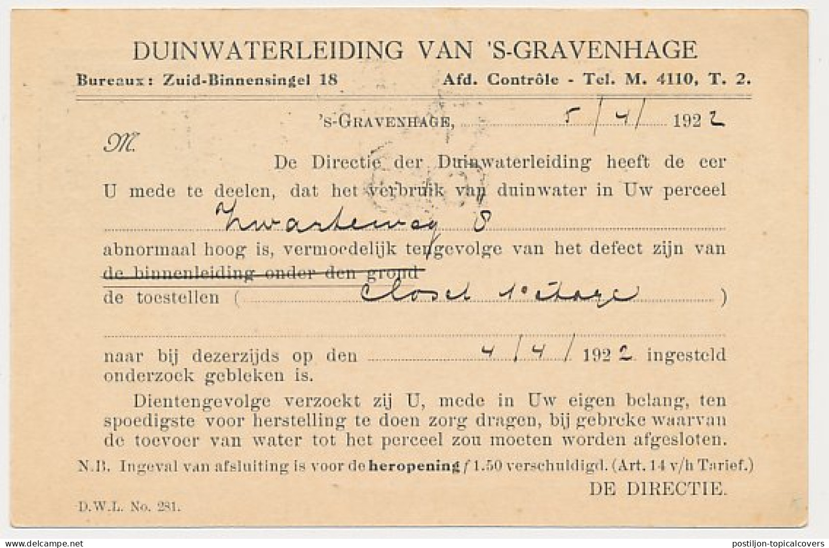 Briefkaart G. DW163-II-a - Duinwaterleiding S-Gravenhage 1922 - Entiers Postaux