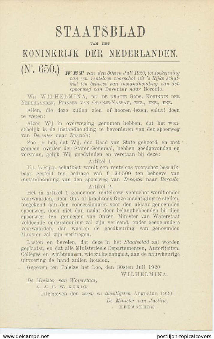 Staatsblad 1920 : Spoorlijn Deventer - Borculo - Historische Dokumente
