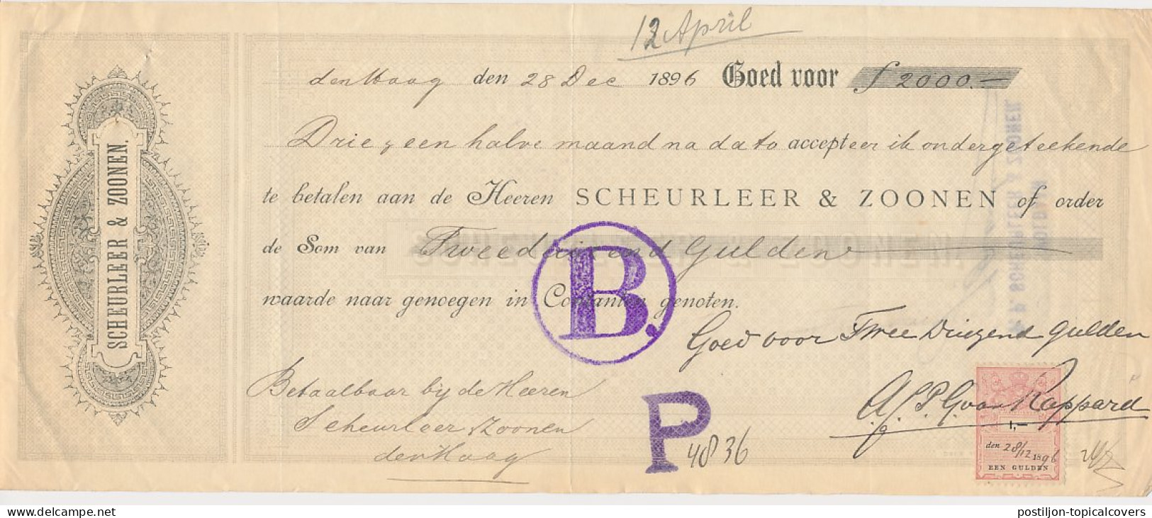 Plakzegel 1.- Den 18.. - Wisselbrief Den Haag 1896 - Steuermarken