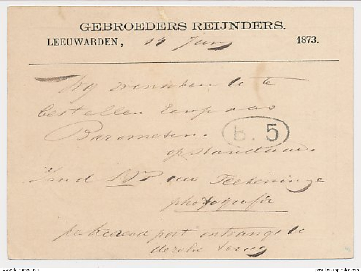 Briefkaart G. 3 Particulier Bedrukt Leeuwarden 1873 - Postwaardestukken