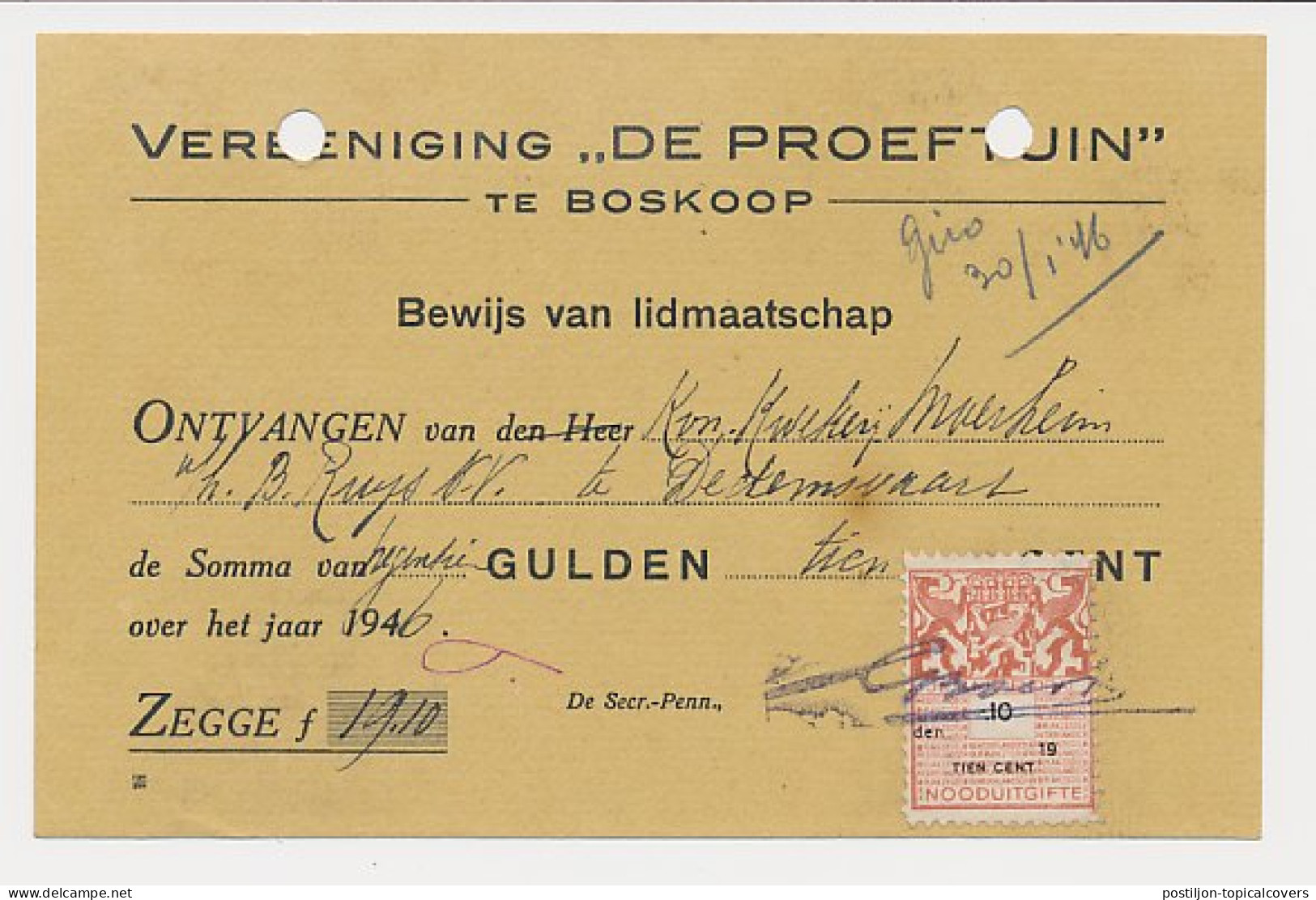 Plakzegel -.10 Den 19.. NOODUITGIFTE - Boskoop 1946 - Steuermarken