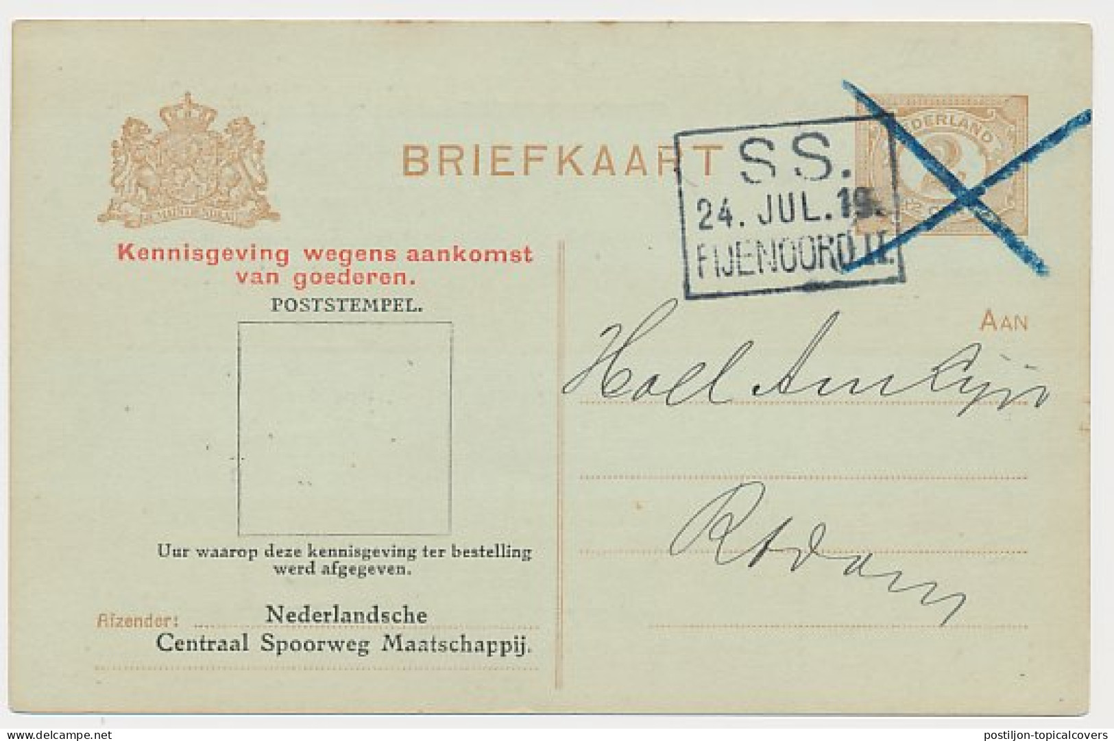 Spoorwegbriefkaart G. HYSM98 A Rotterdam Feijnoord 1919 - Entiers Postaux