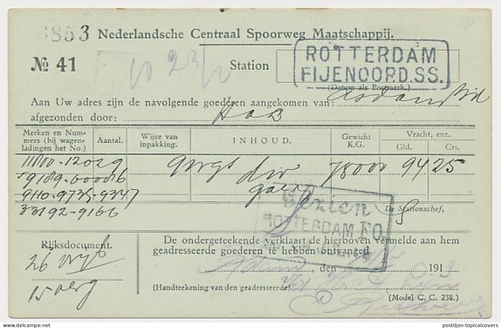 Spoorwegbriefkaart G. HYSM98 A Rotterdam Feijnoord 1919 - Ganzsachen