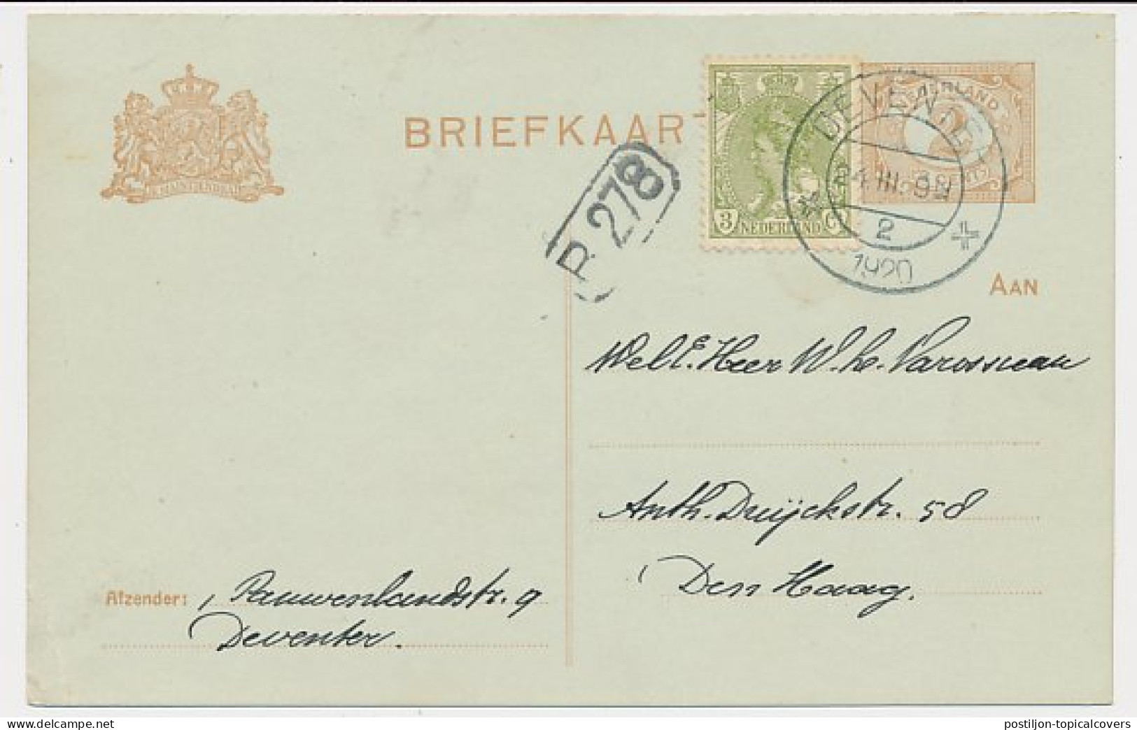 Briefkaart G. 98 / Bijfrankering Deventer - Den Haag 1920 - Postal Stationery