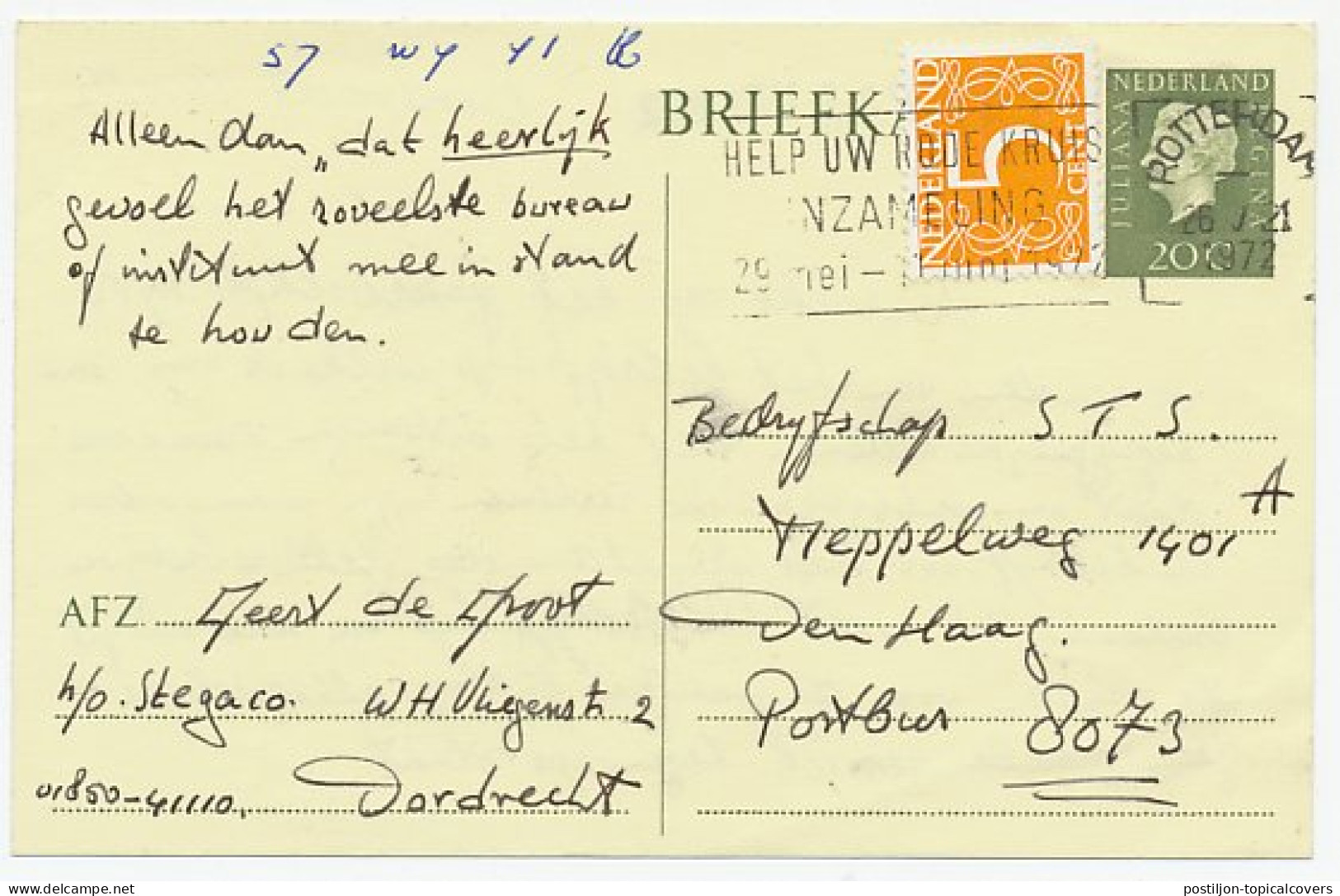Briefkaart G. 343 A / Bijfrankering Rotterdam - Den Haag 1972 - Material Postal