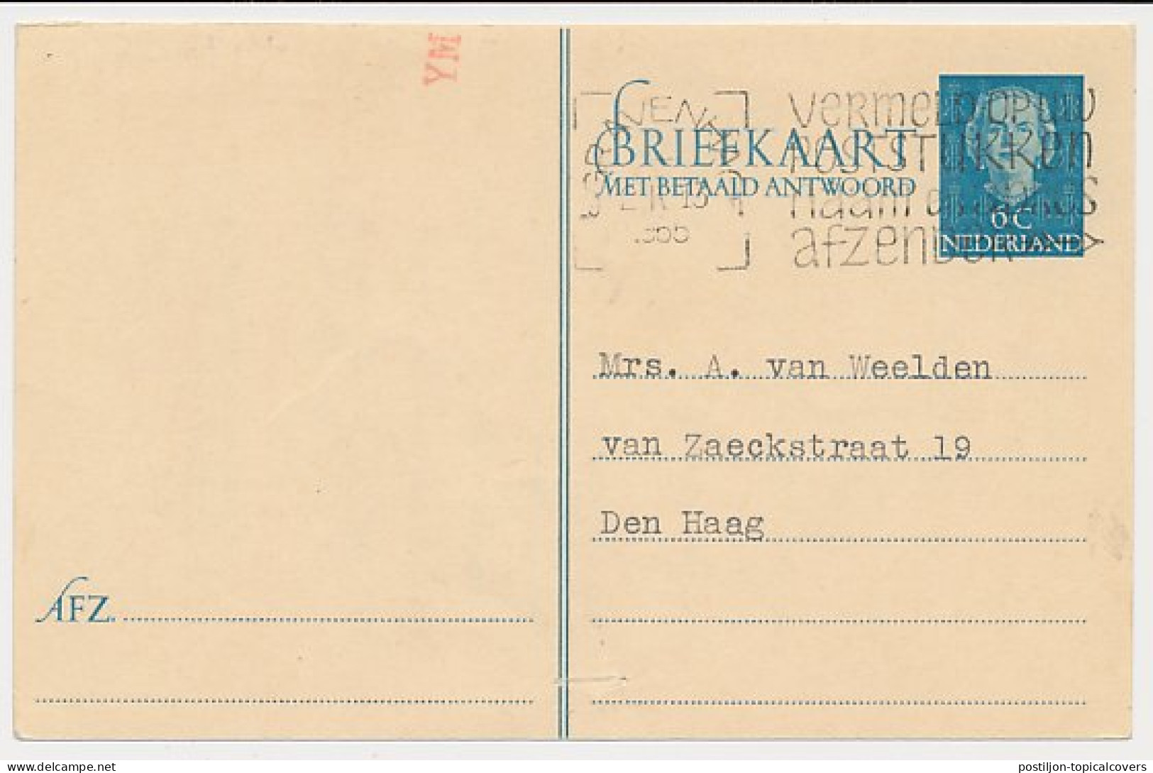 Briefkaart G. 303 V.krt. Particulier Bedrukt Den Haag 1955 - Postal Stationery
