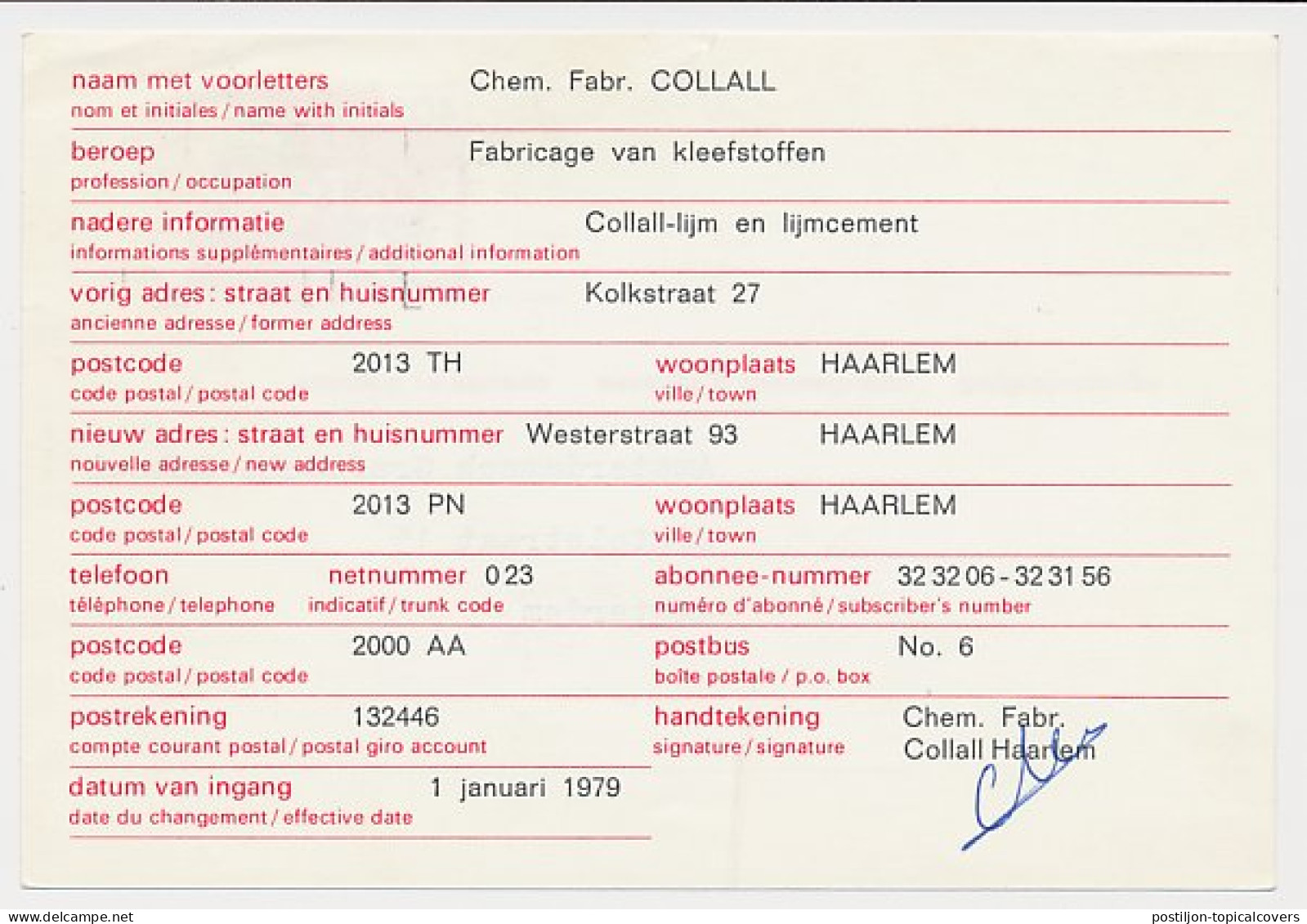 Verhuiskaart G. 44 Particulier Bedrukt Haarlem 1979 - Material Postal