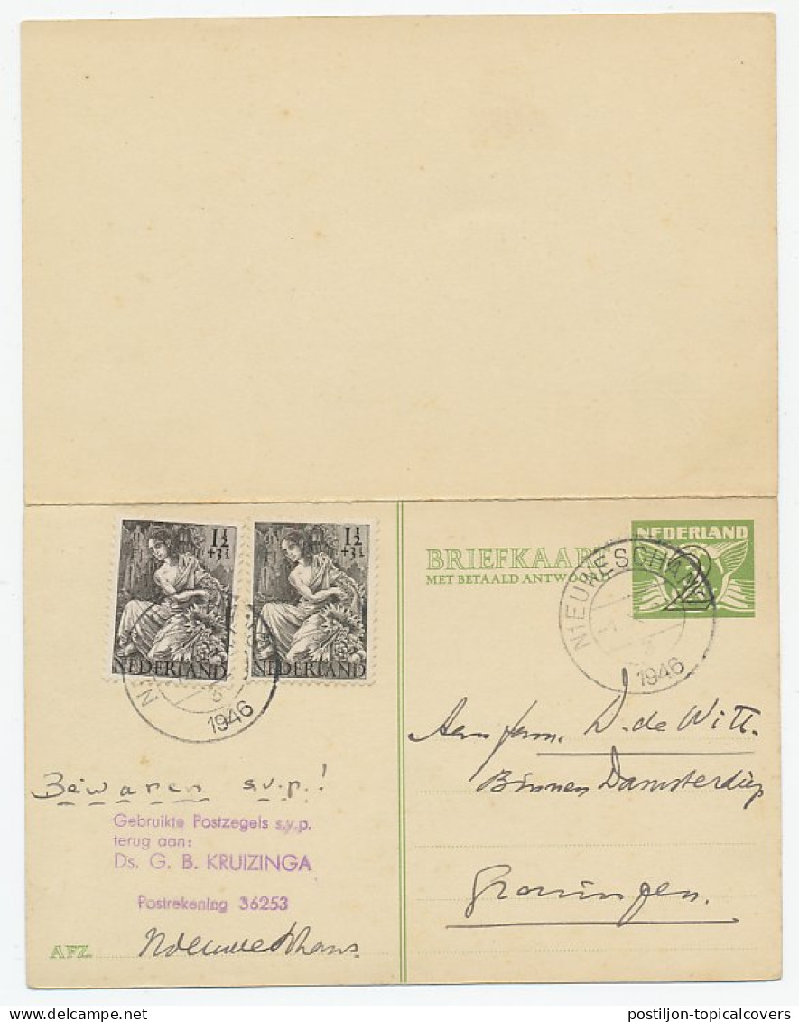 Briefkaart G. 245 / Bijfrankering Nieuweschans - Groningen 1946 - Postwaardestukken