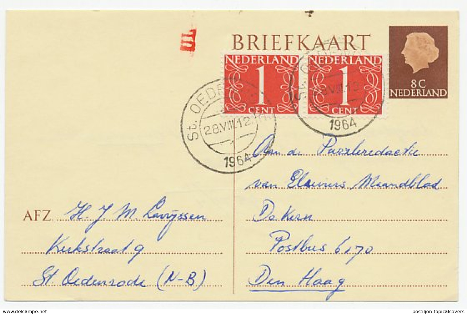 Briefkaart G. 325 / Bijfrankering St. Oedenrode - Den Haag 1964 - Ganzsachen