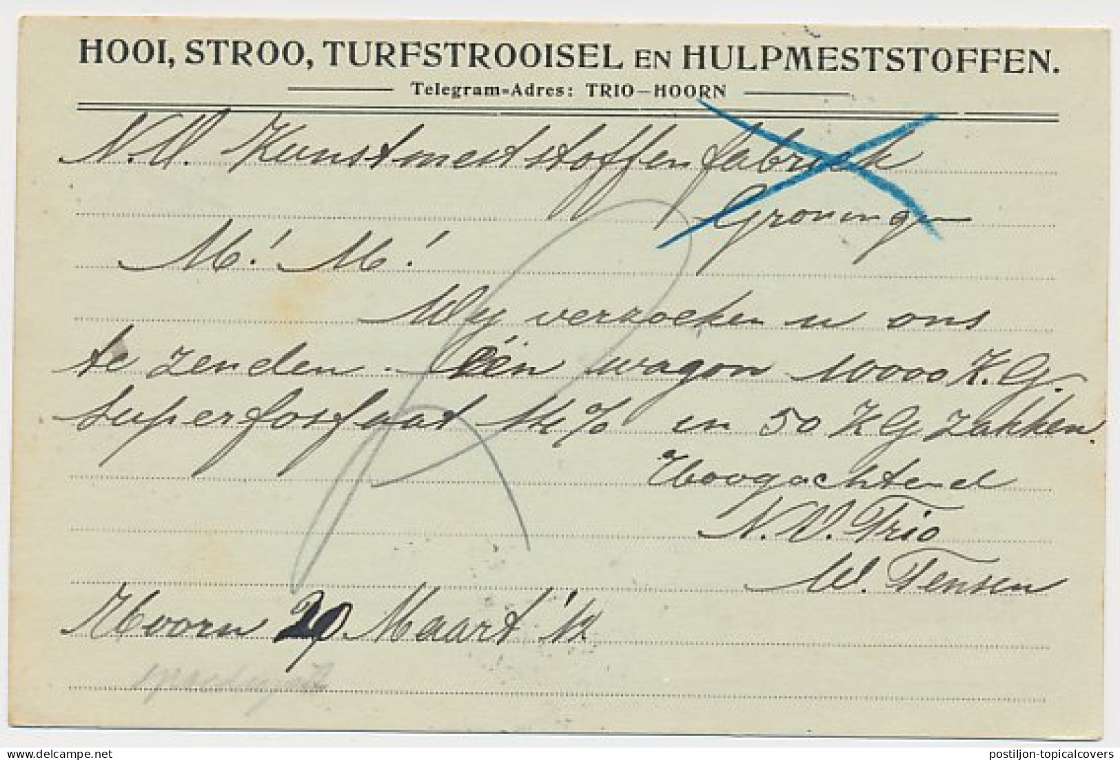 Firma Briefkaart Hoorn 1912 - Hooi - Stroo - Turf - Meststoffen - Zonder Classificatie