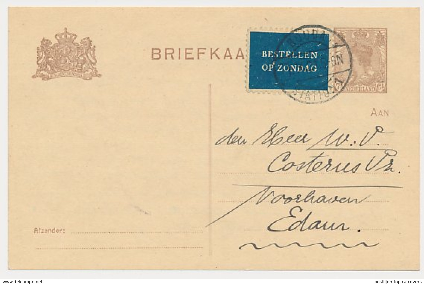 Bestellen Op Zondag - Gouda - Edam 1921 - Cartas & Documentos