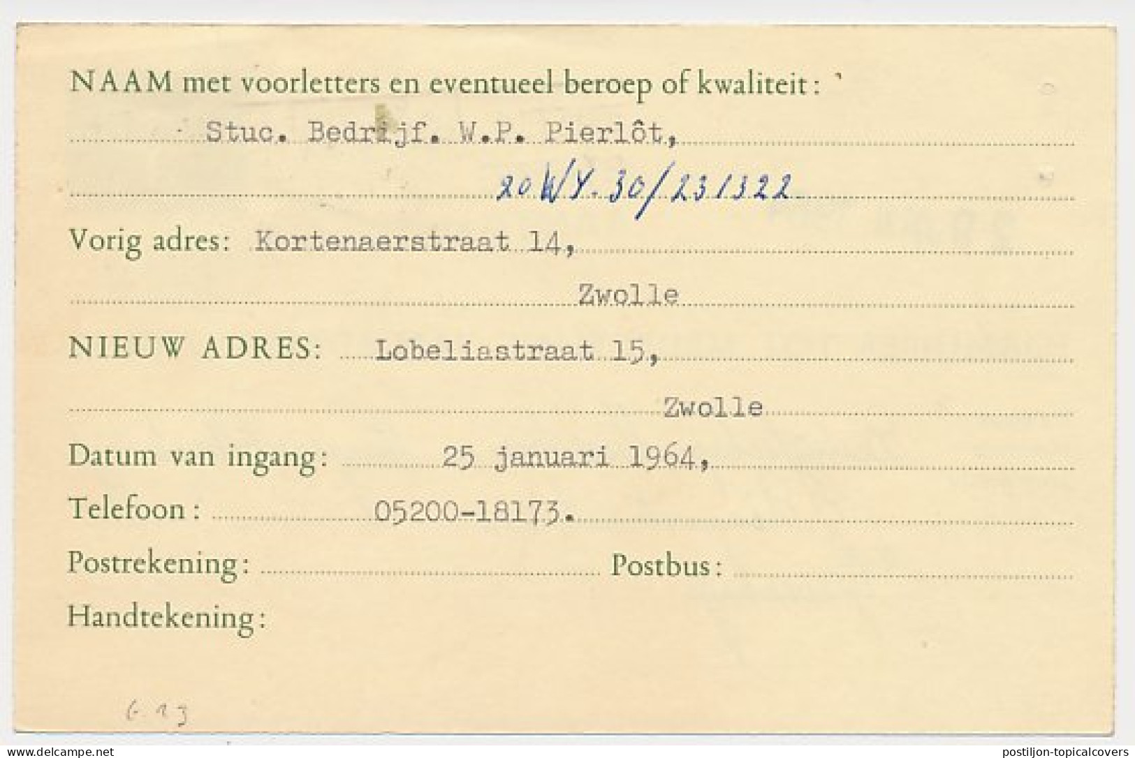 Verhuiskaart G. 26 Zwolle - Den Haag 1964 - Material Postal