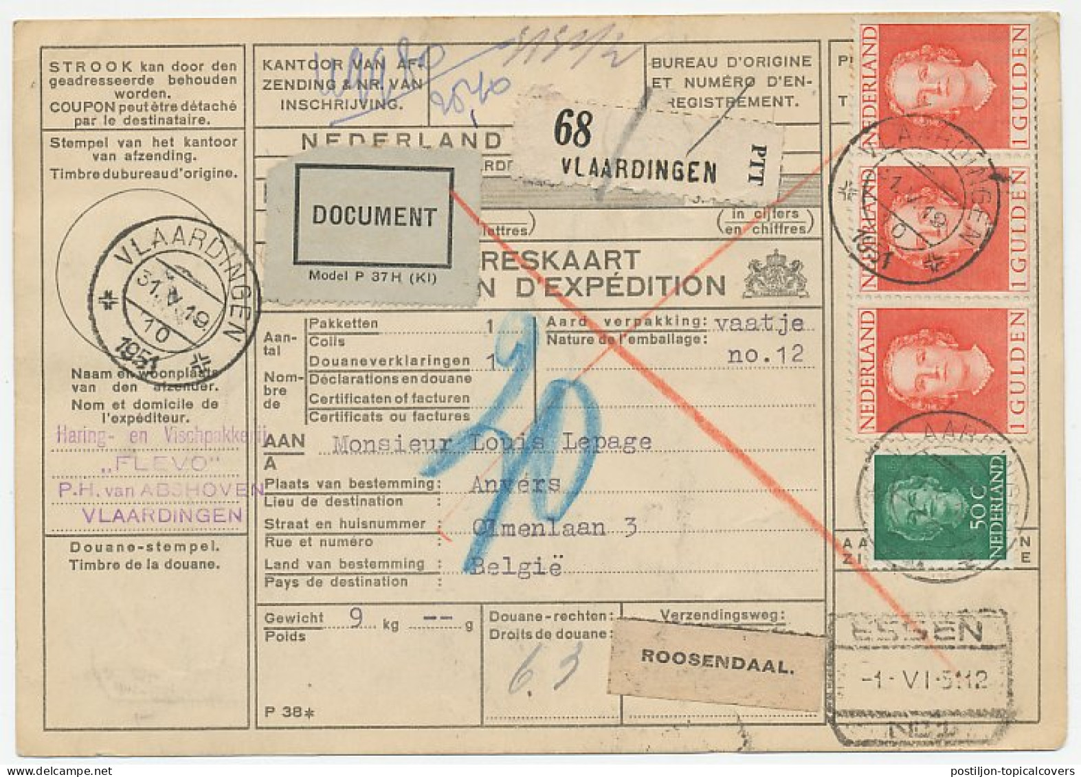 Em. En Face Pakketkaart Vlaardingen - Belgie 1951 - Ohne Zuordnung