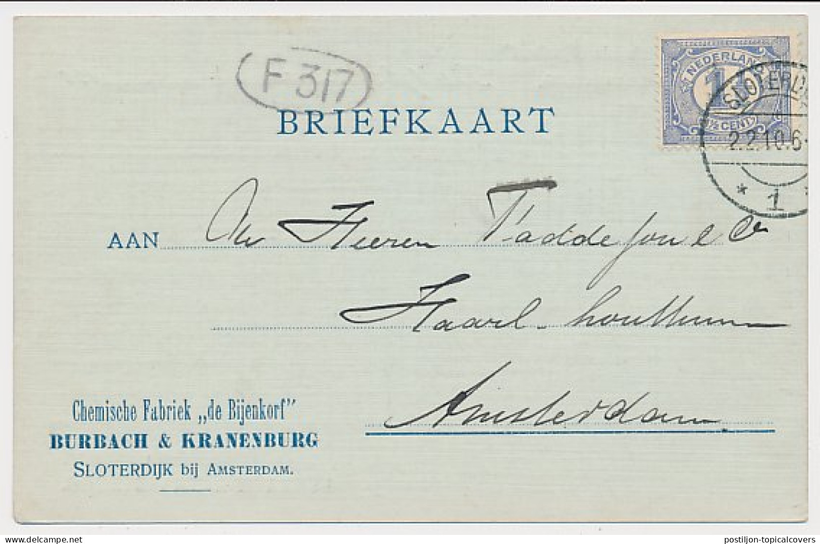 Firma Briefkaart Sloterdijk 1910 - Chem. Fabriek De Bijenkorf  - Non Classés