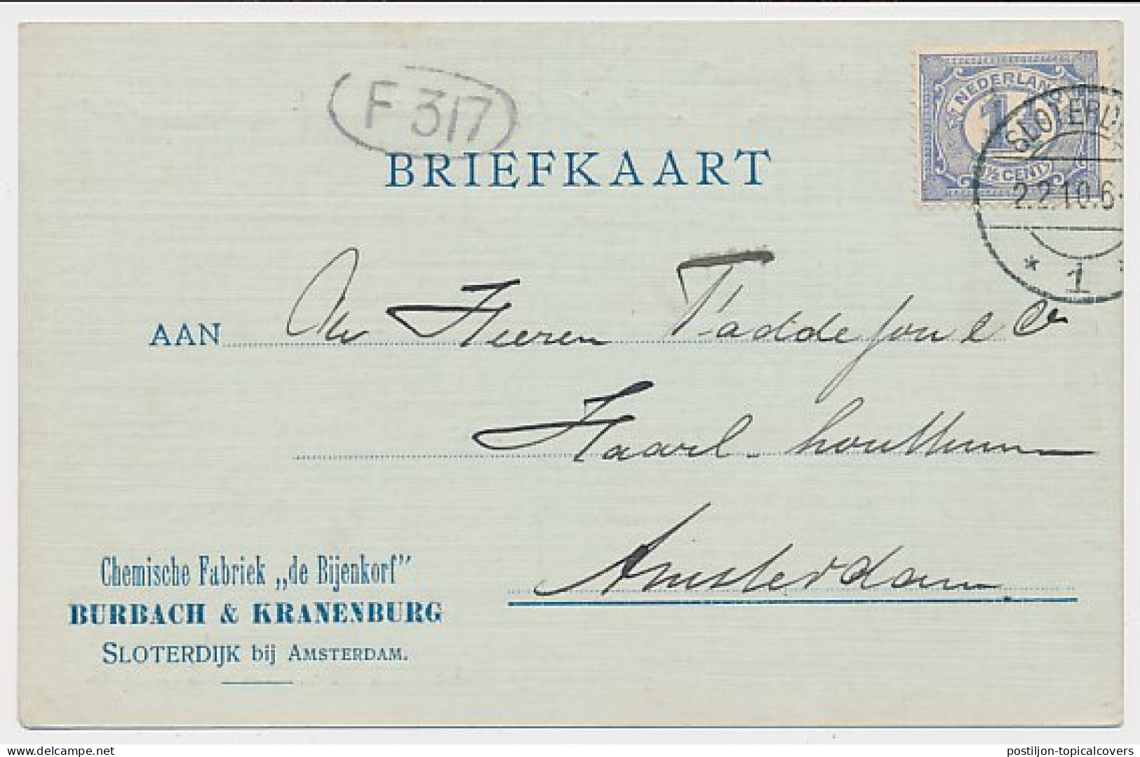 Firma Briefkaart Sloterdijk 1910 - Chem. Fabriek De Bijenkorf  - Zonder Classificatie