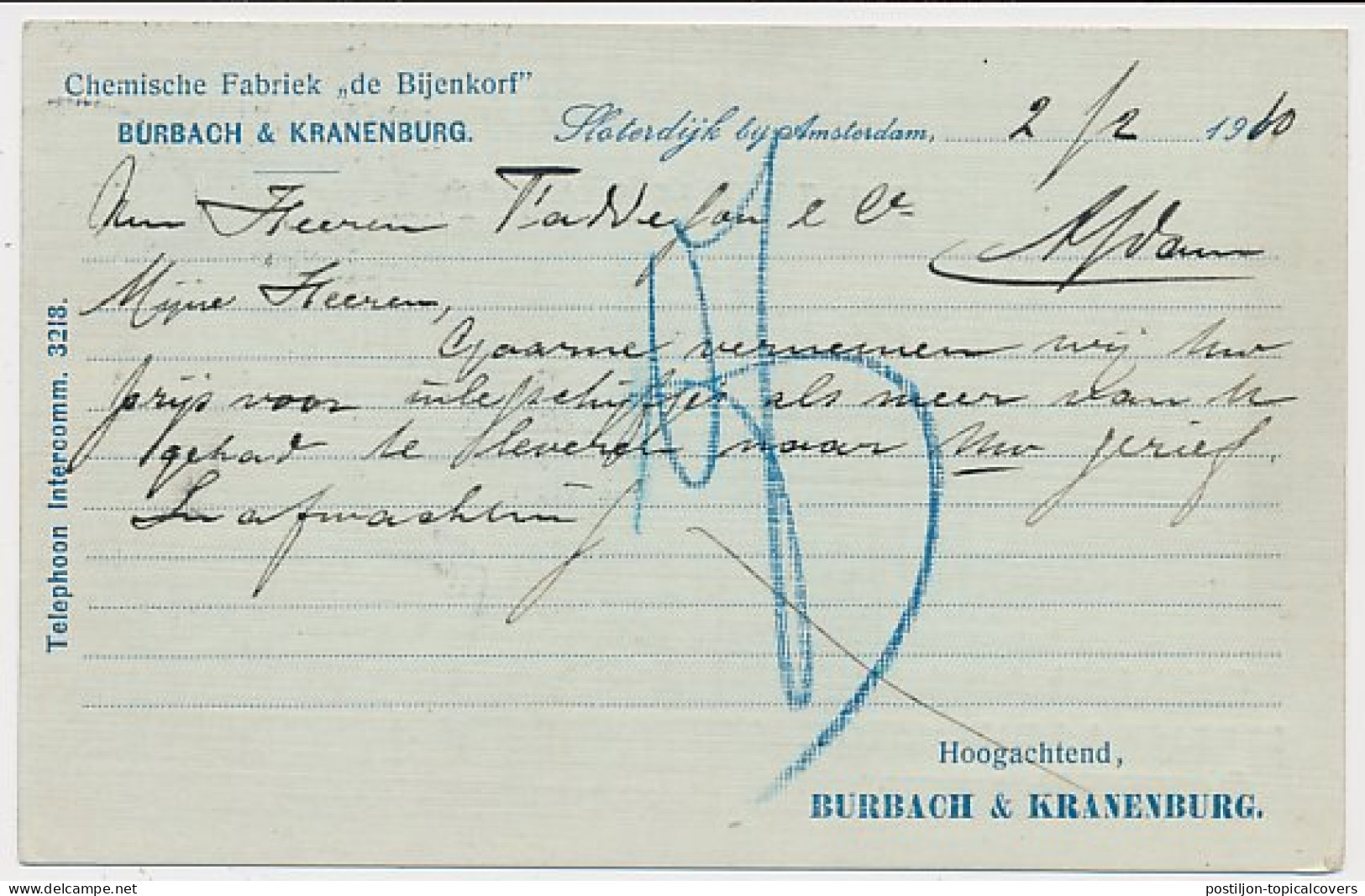 Firma Briefkaart Sloterdijk 1910 - Chem. Fabriek De Bijenkorf  - Ohne Zuordnung