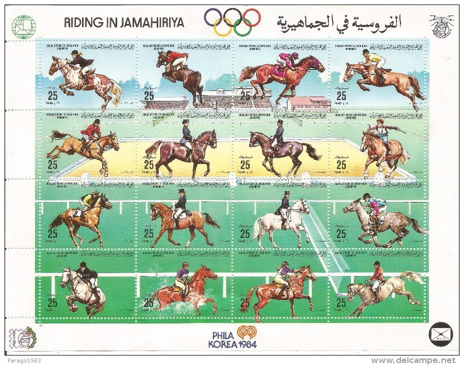 1984 Libya Equestrians Horses Phila Korea  Complete Set Of 1 Miniature Sheet Of 16  MNH - Libyen