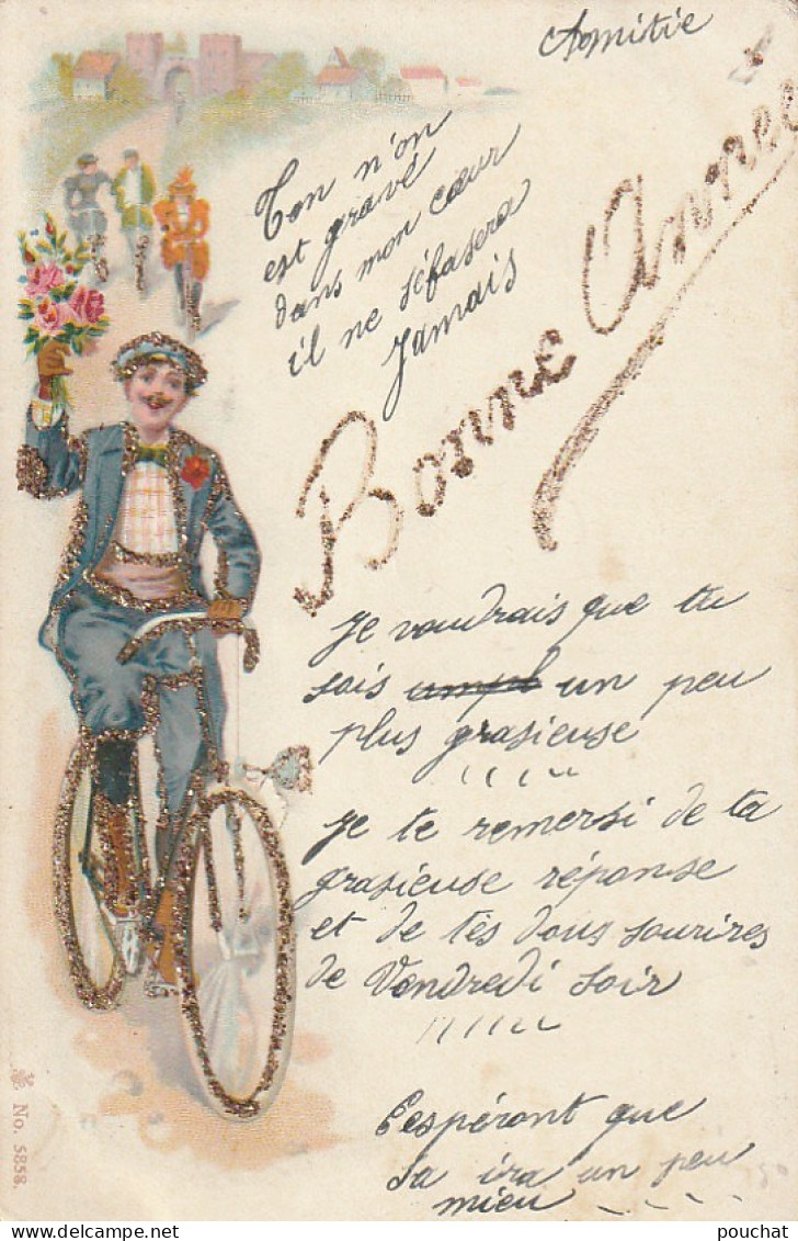 ZY 67- " BONNE ANNEE " - CARTE FANTAISIE - VELOCIPEDISTE AVEC BOUQUET DE ROSES - DORURE - 2 SCANS - Nouvel An