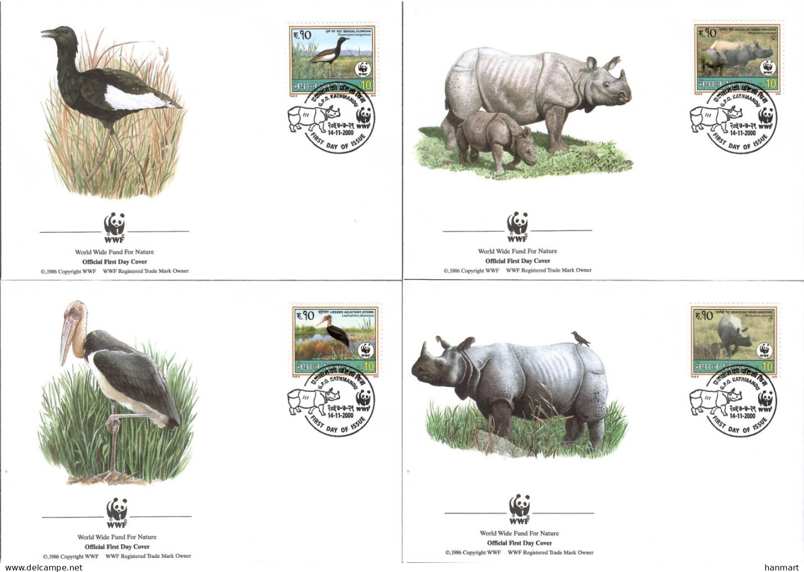 Nepal 2000 Mi 718-721 FDC  (FDC ZS8 NPL718-721) - Rhinocéros