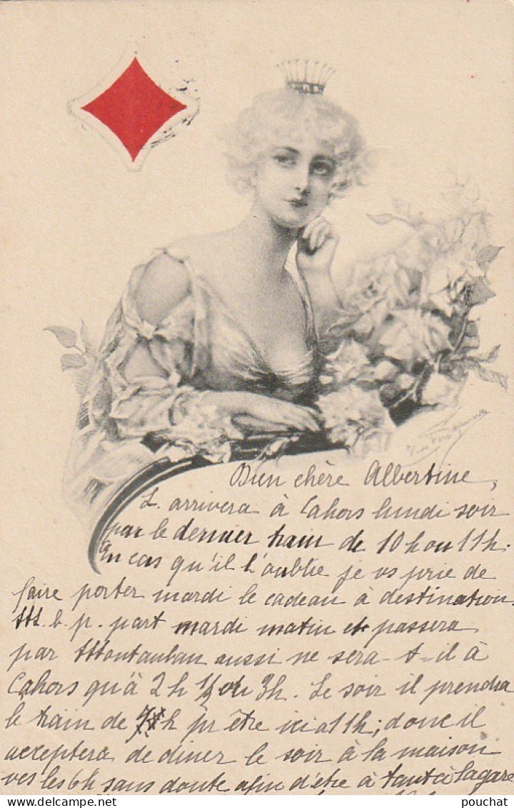 ZY 68- DAME DE CARREAU - CARTE A JOUER - PORTRAIT DE FEMME AVEC BRASSEE DE ROSES - ILLUSTRATEUR - VIENNOISE - 2 SCANS - 1900-1949