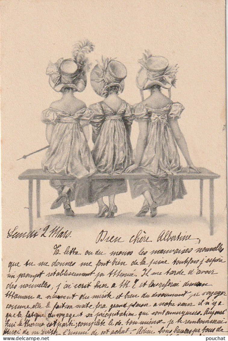 ZY 68- TRIO DE JEUNES FEMMES CHAPEAUTEES SUR UN BANC , DE DOS - ILLUSTRATEUR - STYLE VIENNOISE - 2 SCANS - 1900-1949