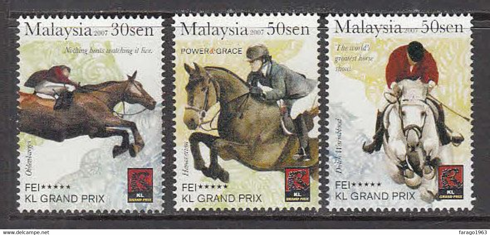 2007 Malaysia Equestrian Grand Prix Horses Complete Set Of 3 MNH - Maleisië (1964-...)