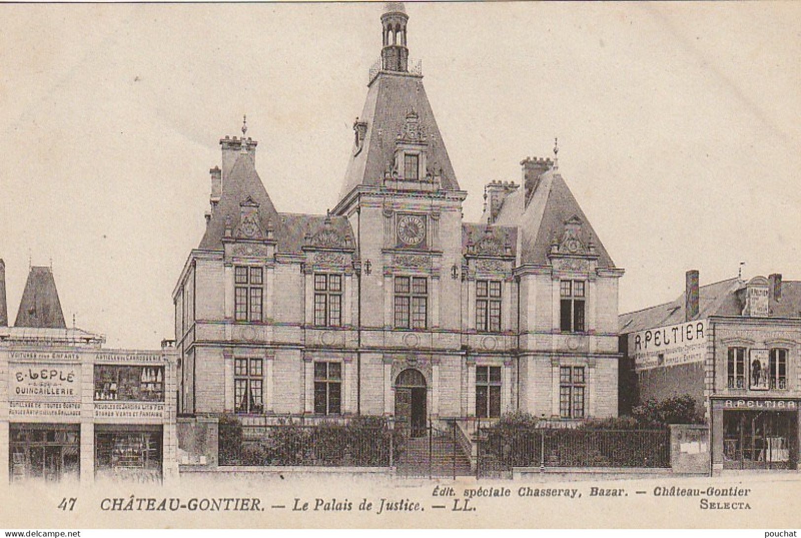 ZY 72-(53) CHATEAU GONTIER - LE PALAIS DE JUSTICE - CONFECTION R. PELTIER , QUINCAILLERIE E. LEPLE  - 2 SCANS - Chateau Gontier