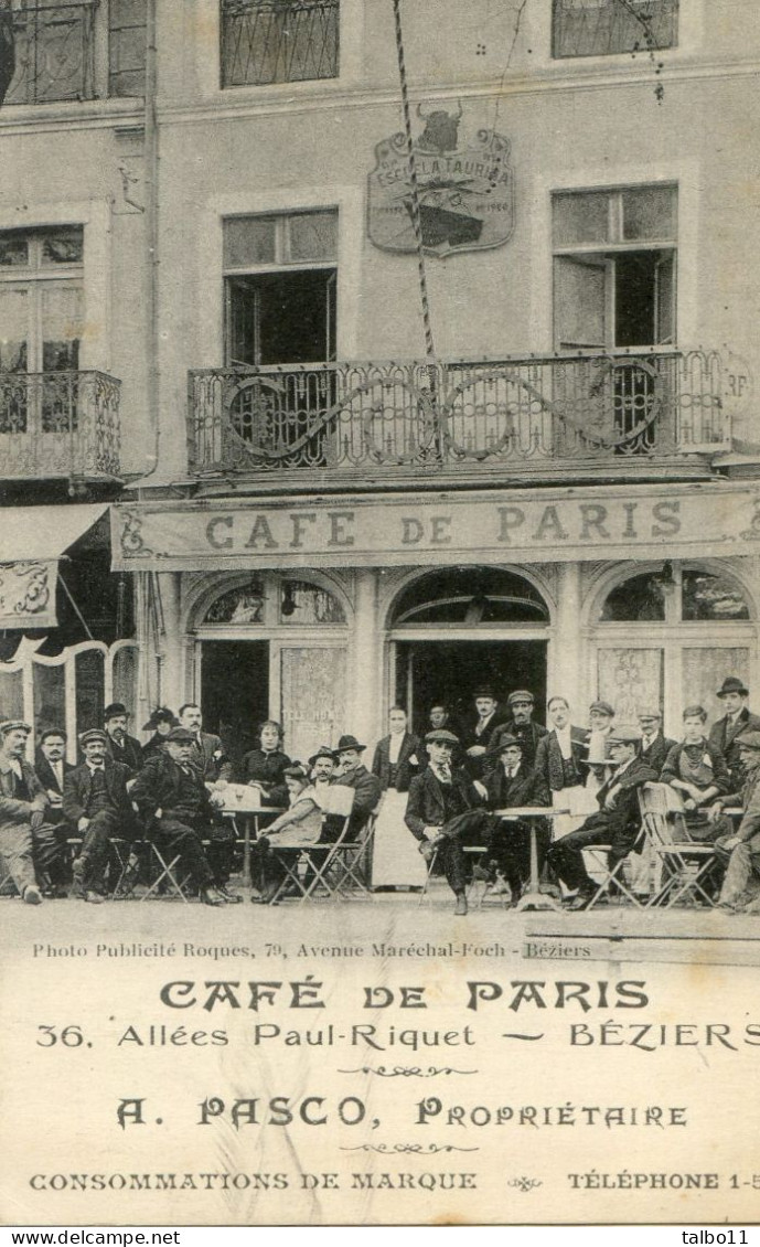 34 - Béziers - Café De Paris - 36 Allées P. Riquet - A.Pasco Propriétaire - Siège De L'escuela  Taurina - Beziers