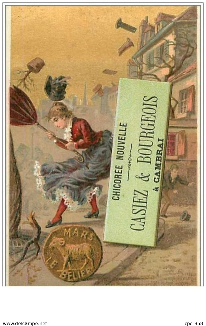 CHROMOS.CHICOREE CASIEZ ET BOURGEOIS.n°101.SIGNE ZODIACAL.LE BELIER.SCENE DE RUE SOUS LA PLUIE.MANQUE AU DOS - Altri & Non Classificati