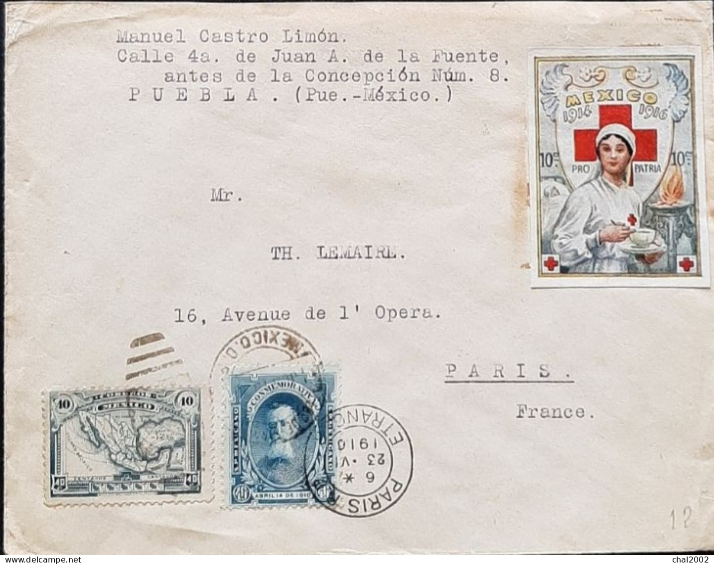 Enveloppe De Mexico Vers Paris Vignette 1914 1915 - México