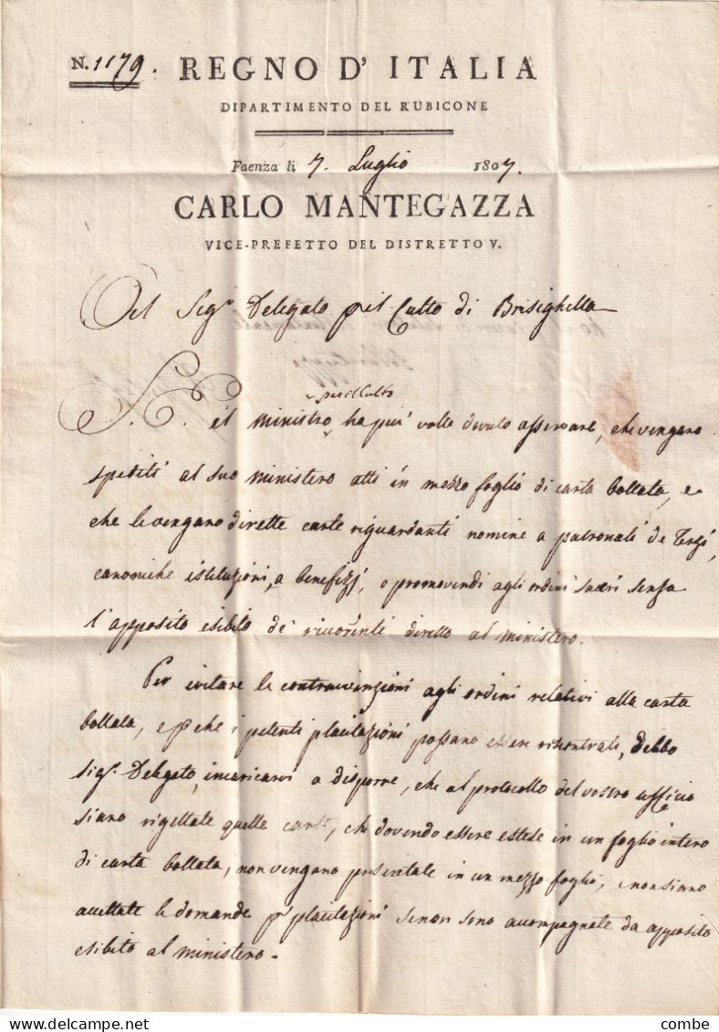 LETTERA ITALIA. 7 LUGLIO 1807. VICE PREFET/TURA/DE FAENZA. CARLO MANTEGAZZA. DEPARTIMENTO DEL RUBICONE. REGNO - ...-1850 Préphilatélie