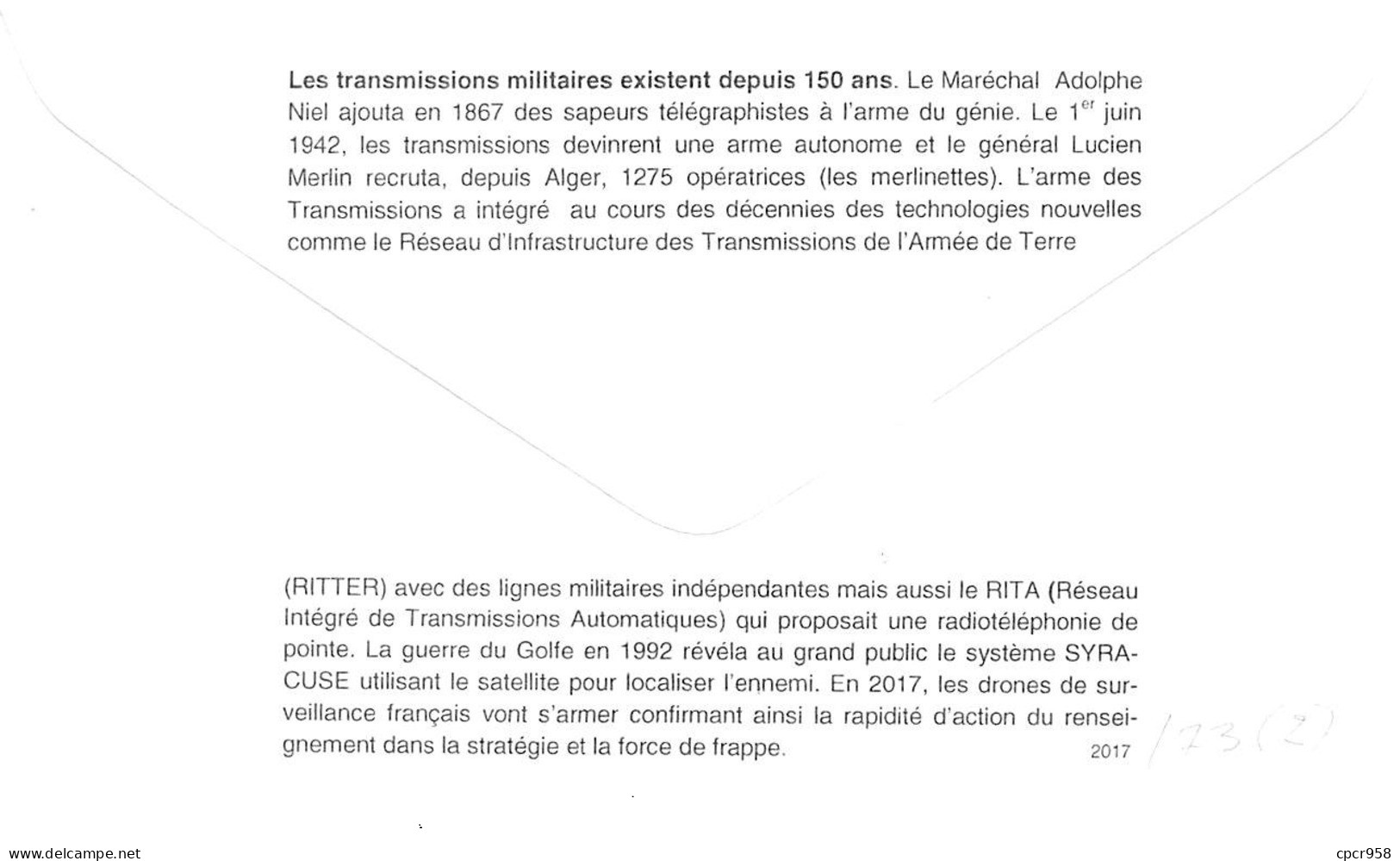 FRANCE. FDC. N°206625. 29/09/2017 .cachet Paris . 150 Ans De Trasmissions Militaires - 2010-2019