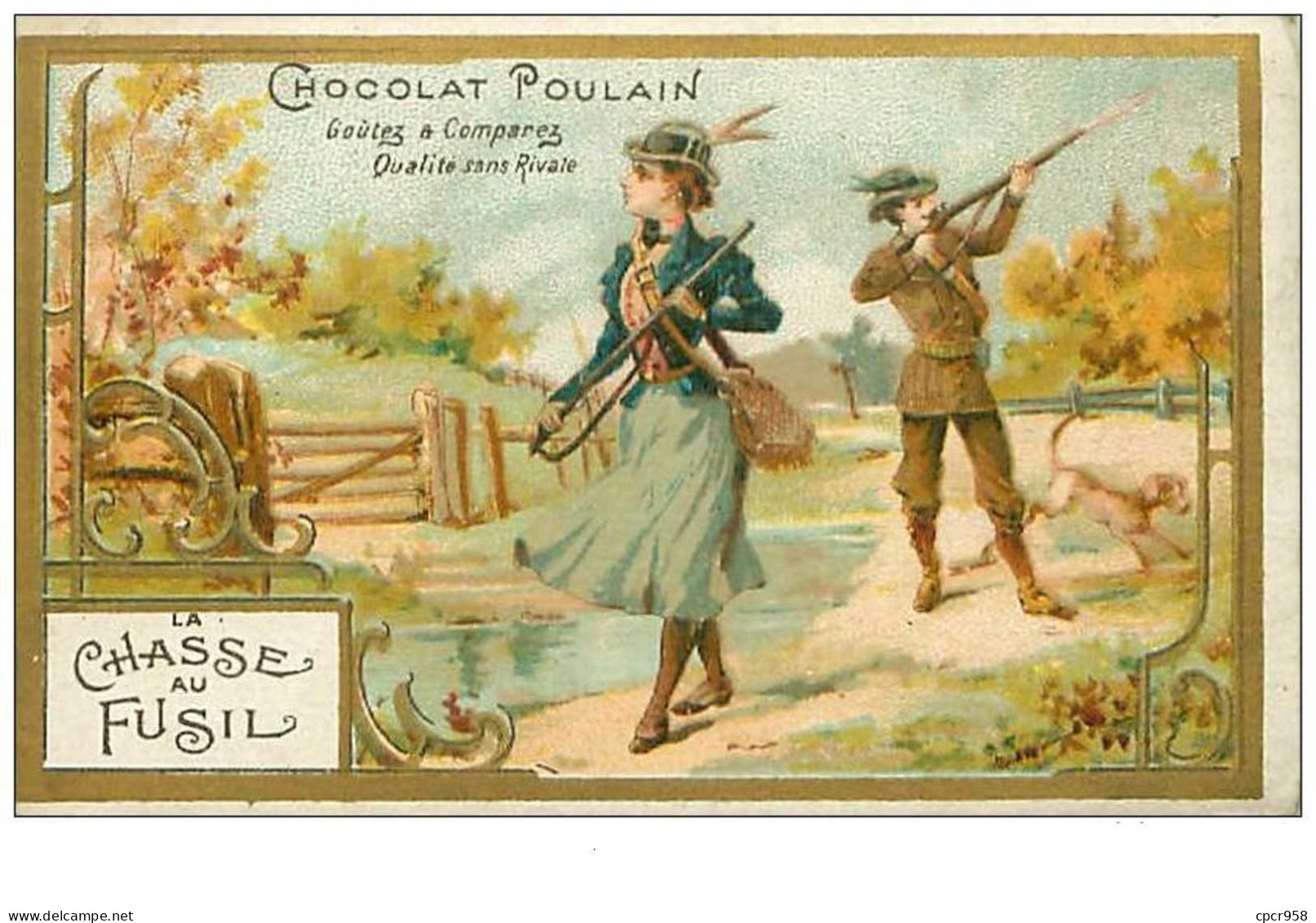 CHROMOS.n°10127.CHOCOLAT POULAIN.LA CHASSE AU FUSIL.COUPLE A LA CHASSE - Poulain