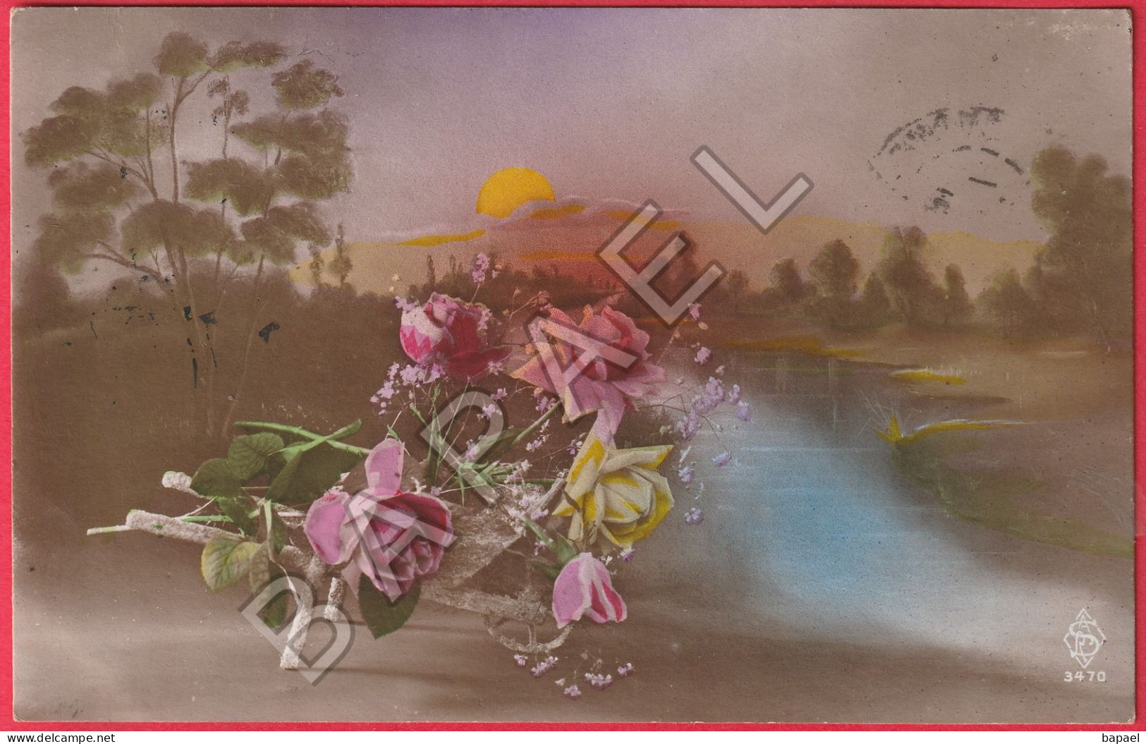 Bouquet De Roses Sur Une Brouette - Rivière Et Couché De Soleil (Circulé En 1915) - Autres & Non Classés