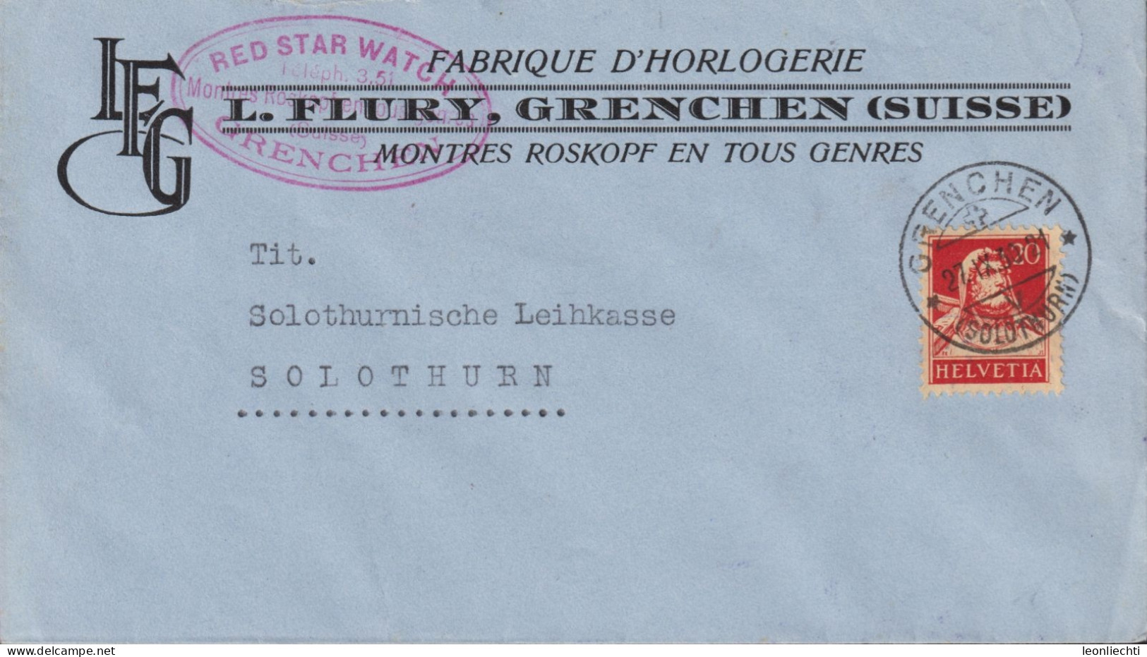 1914/30 Schweiz, Brief, Zum:CH 126ll Mi:CH 118ll, Tell Brustbild, LEG L.FLURY, GRENCHEN, FABRIQUE  D`HOROLOGERIE - Lettres & Documents