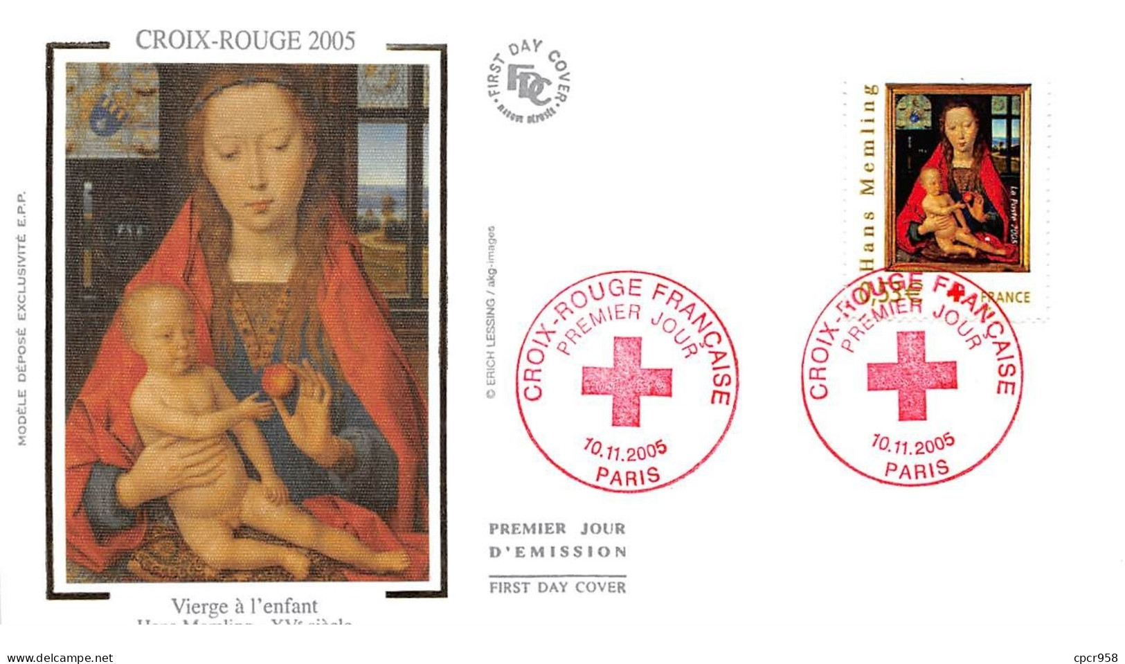 FRANCE.FDC.AM11496.10/11/2005.Cachet Paris.Croix Rouge 2005.Vierge à L'enfant.Hans Memling.XV Ième Siècle - 2000-2009