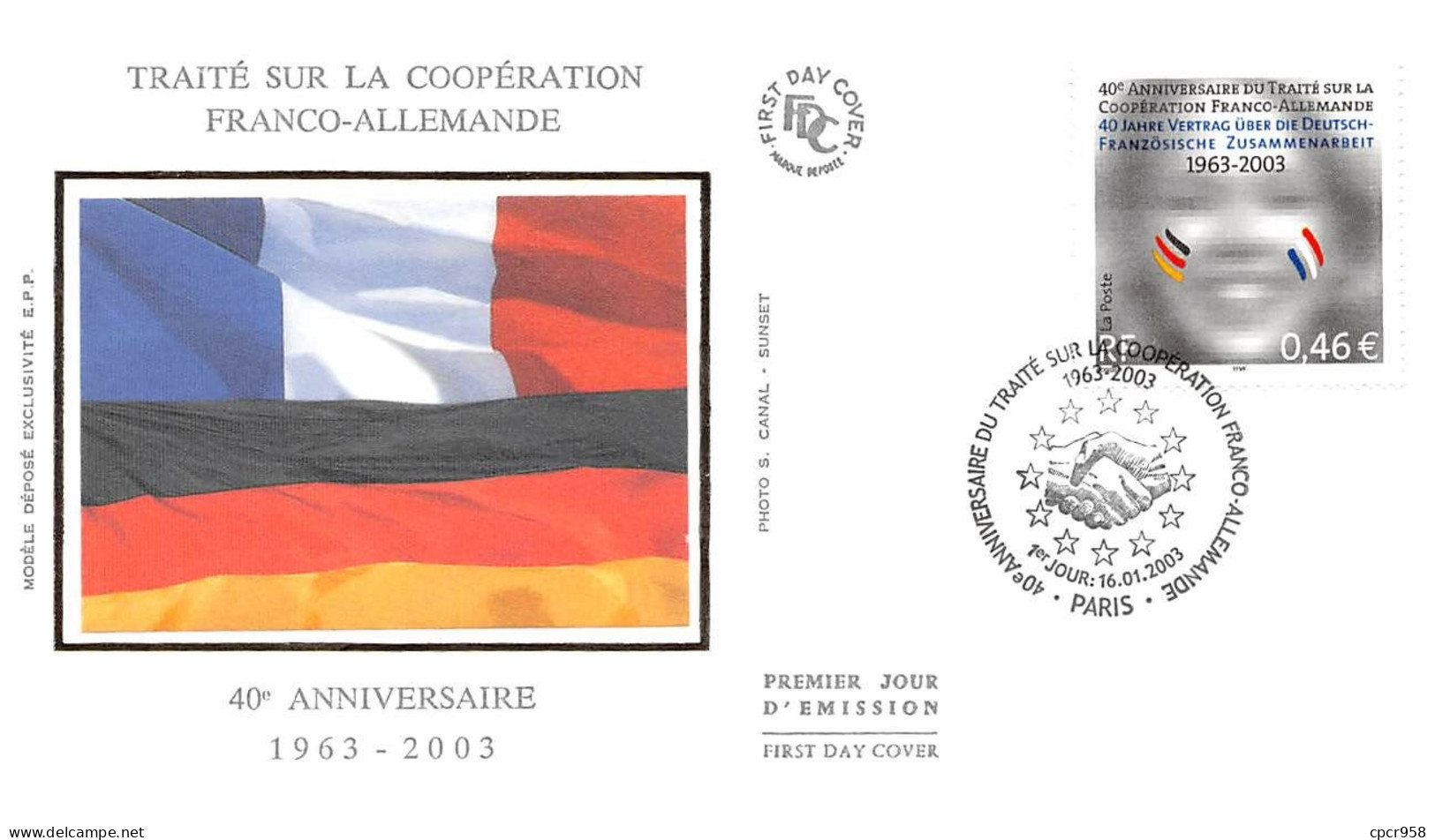 FRANCE.FDC.AM11683.16/01/2003.Cachet Paris.Traité Sur La Coopération Franco-Allemande.40 Ième Anniversaire 1963-2003 - 2000-2009