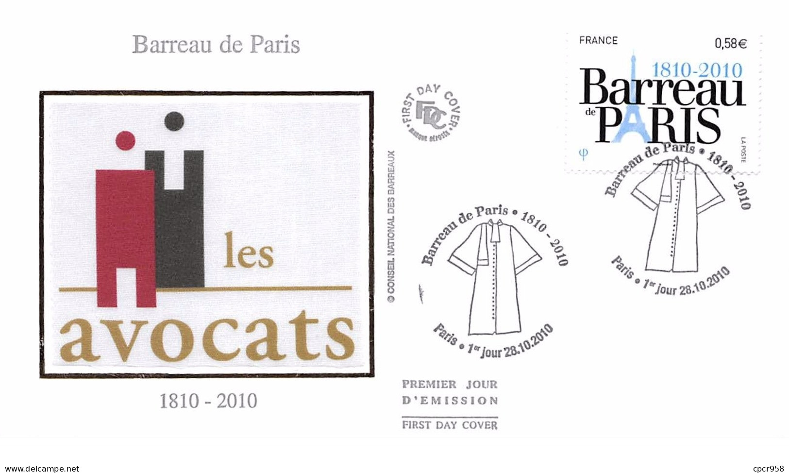 FRANCE. FDC.n°208800. 28/10/2010. Cachet Paris. Paris. Barreau De Paris. - 2010-2019