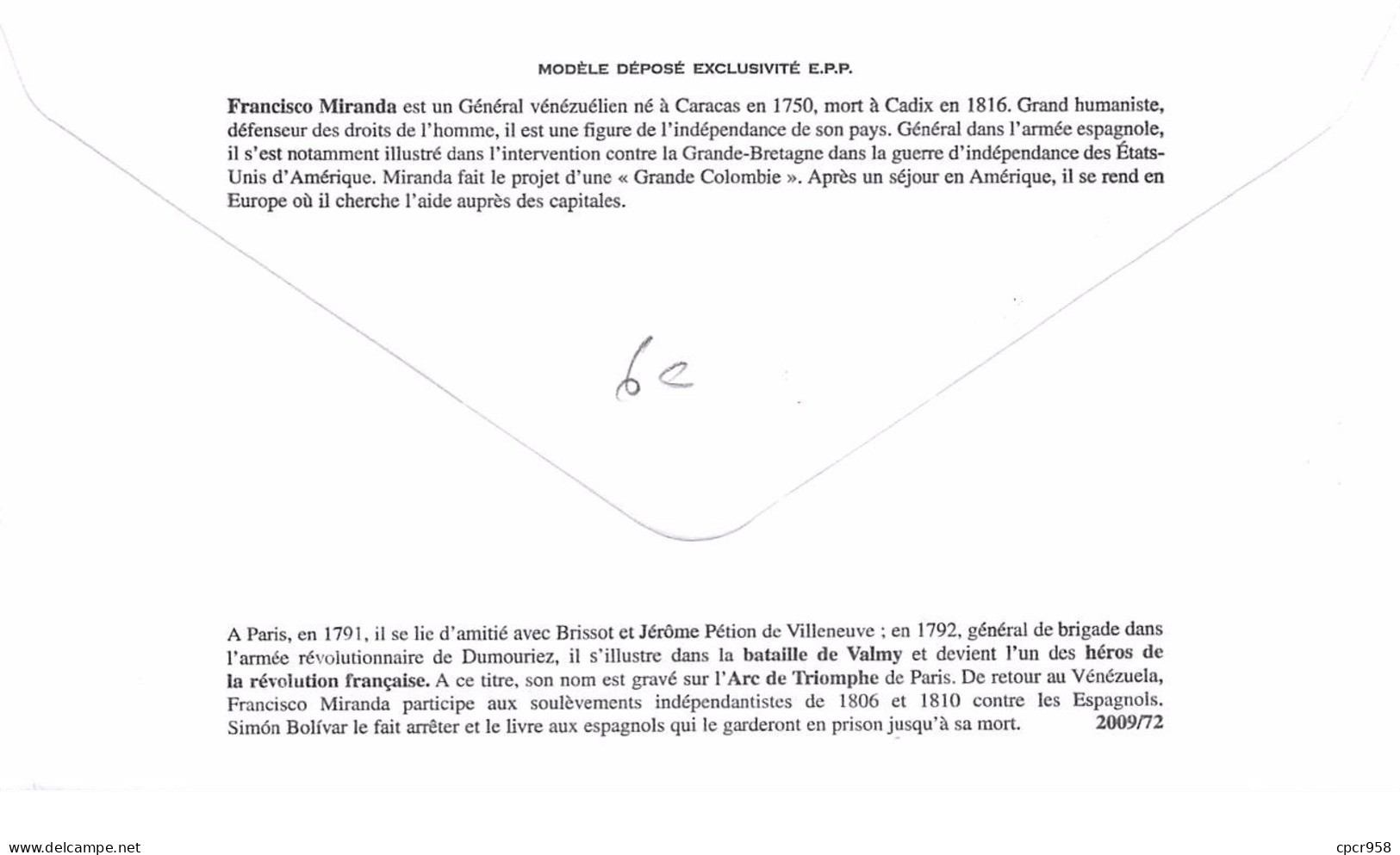 FRANCE. FDC.n°208664 .6/11/2009. Cachet Paris. Francisco Miranda. France-vénézuela. - 2000-2009