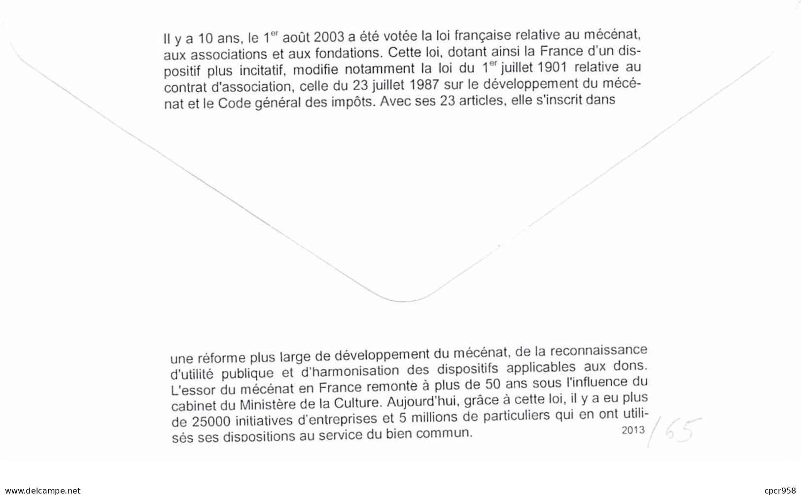 FRANCE. FDC. N°207251. 05/09/2013. Cachet Paris. Dix Ans De Mécénat. - 2010-2019