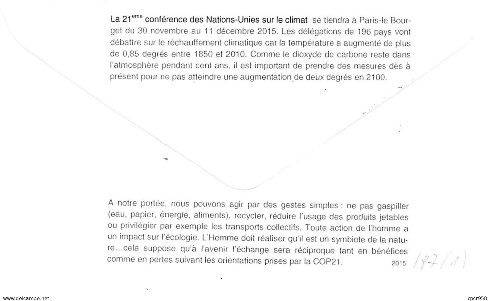 FRANCE. FDC. N°207024. 24/11/2015. Cachet Paris. Conférence Paris Climat - 2010-2019
