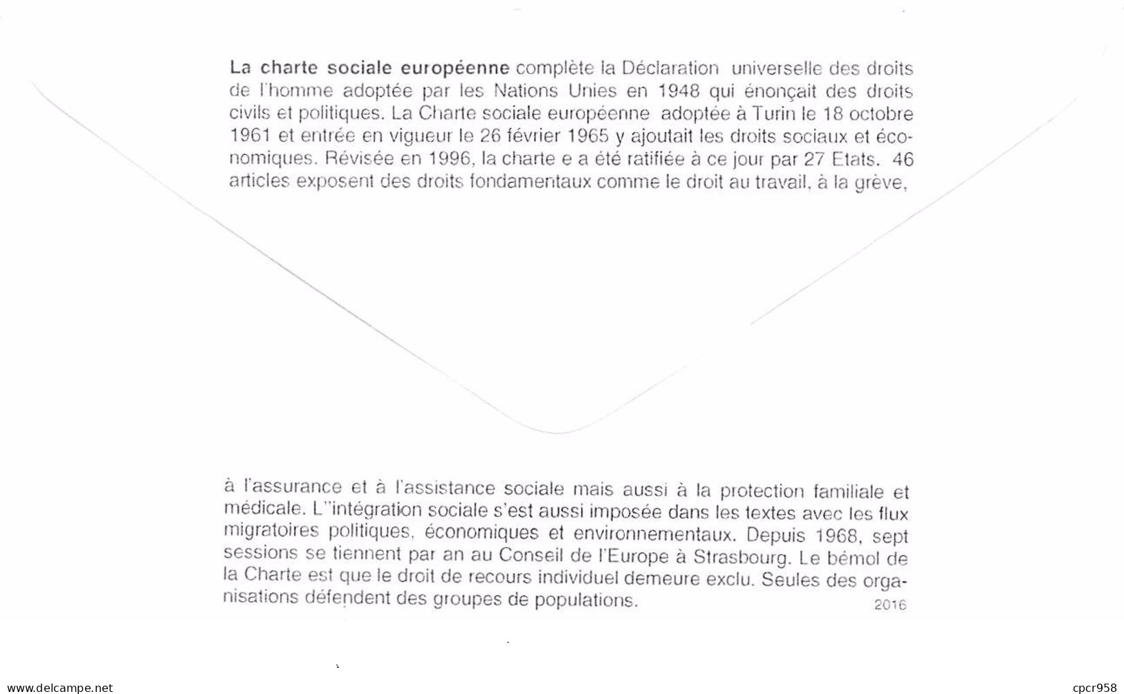 FRANCE. FDC. N°206844. 14/10/2016. Cachet Strasbourg. Conseil De L'europe. Charte Sociale Europeenne. - 2010-2019