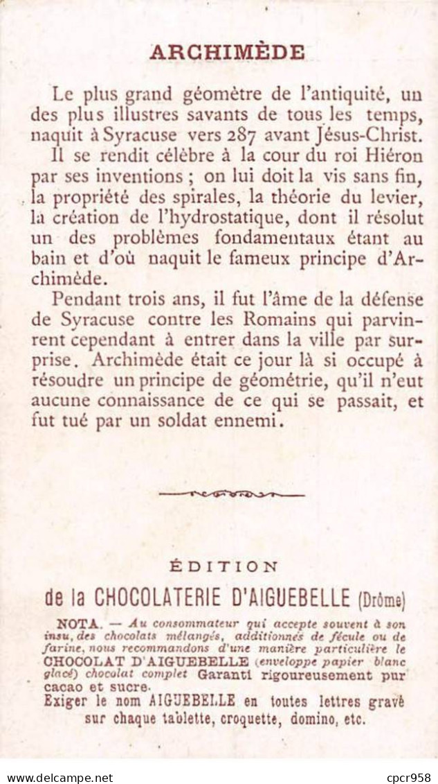 Chromos.AM14696.6x9 Cm Environ.Chocolat.Aiguebelle.Les Victimes De La Science.Mort D'Archimède - Aiguebelle