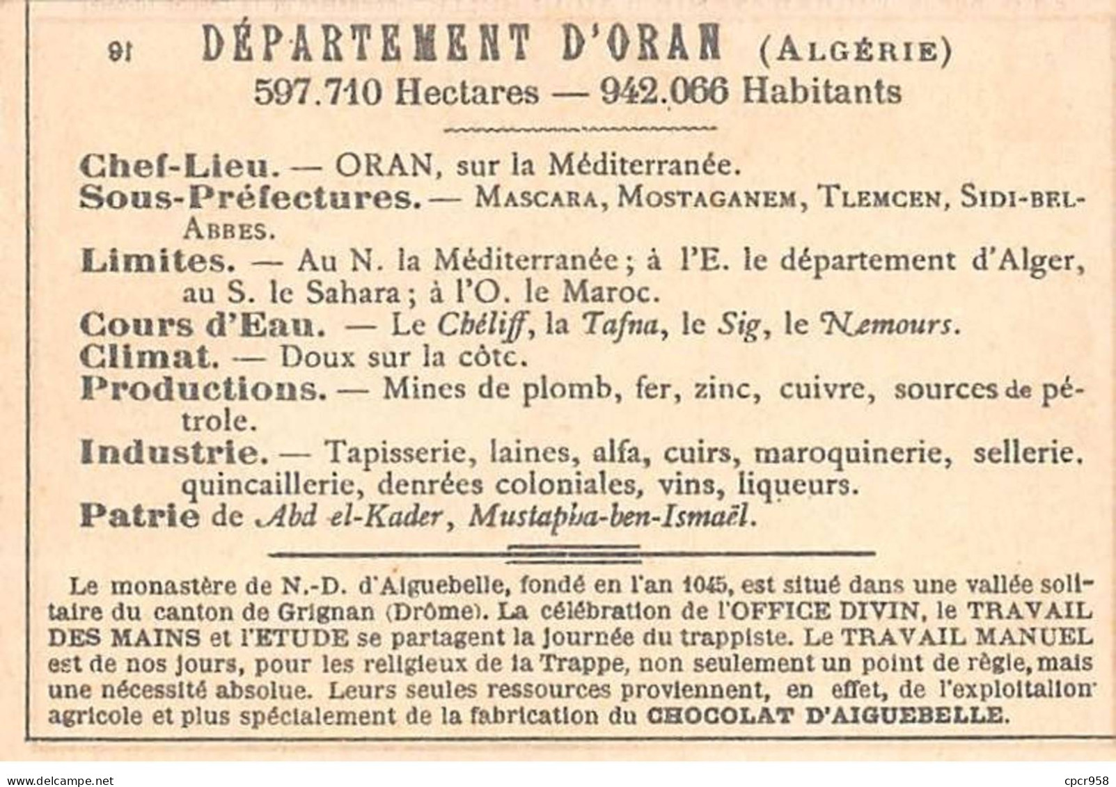 Chromos.AM14617.6x9 Cm Environ.Chocolat Aiguebelle.N°91.Carte Dept D'oran.Tlemcen.Mazagran.Géryville - Aiguebelle