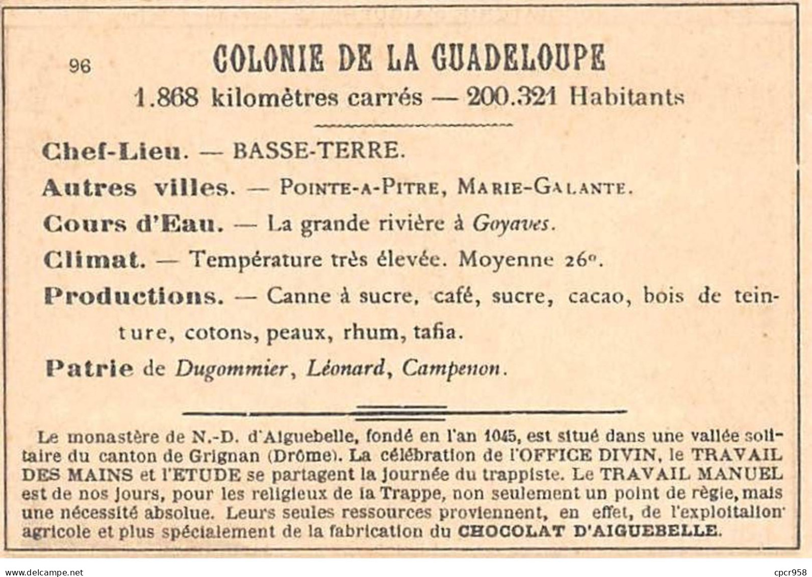 Chromos.AM14613.6x9 Cm Environ.Chocolat Aiguebelle.N°96.Carte Guadeloupe.Basse Terre.Pointe à Pitre - Aiguebelle