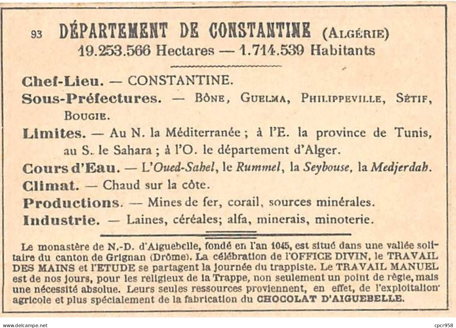 Chromos.AM14615.6x9 Cm Environ.Chocolat Aiguebelle.N°93.Carte Dept De Constantine.La Calle.Cône.Biskra.Lambèse... - Aiguebelle