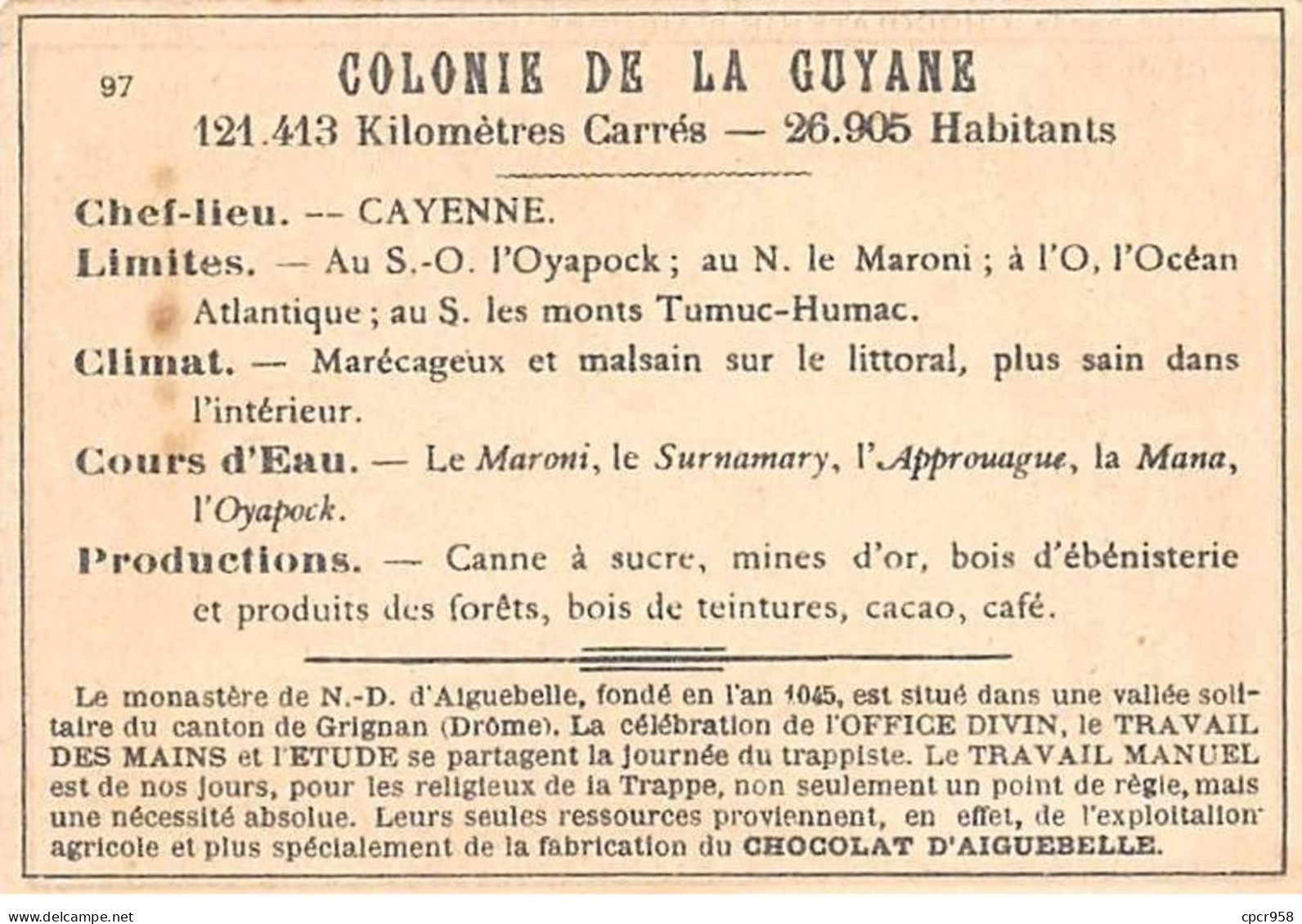 Chromos.AM14612.6x9 Cm Environ.Chocolat Aiguebelle.N°97.Carte Guyanne Française.Cayenne.St Laurent... - Aiguebelle